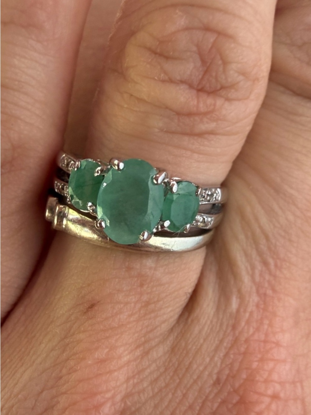 Natural Green Emerald Three-Stone Ring - Women Jewelry